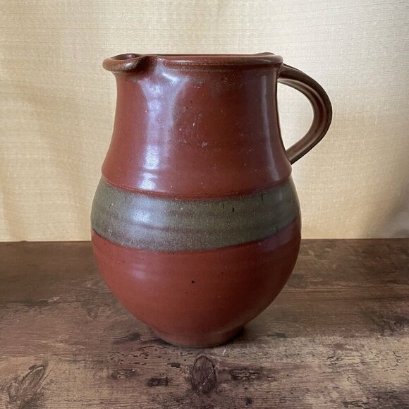 Robert Crystal Vermont Signed Studio Art Pottery Pitcher Brown Glazed Stoneware - Picture 3 of 16